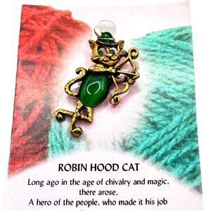 Gold Robin Hood Cat Lapel Pin Cat Bow and Arrow Brooch with Green Accents